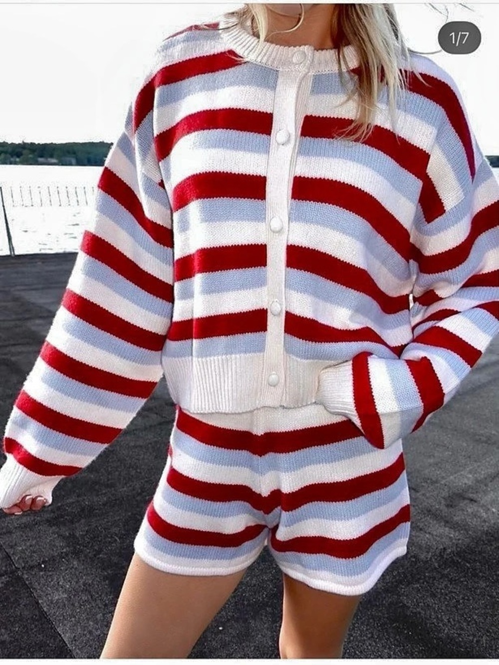 Cou Cashmere Striped Cardigan Short Set in Red & Blue
